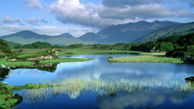Lake mountains grass cloudy sky #5 free wallpaper for desktop - medium preview image