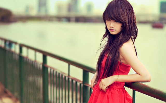 Woman red dress railing water free wallpaper for desktop - medium preview image