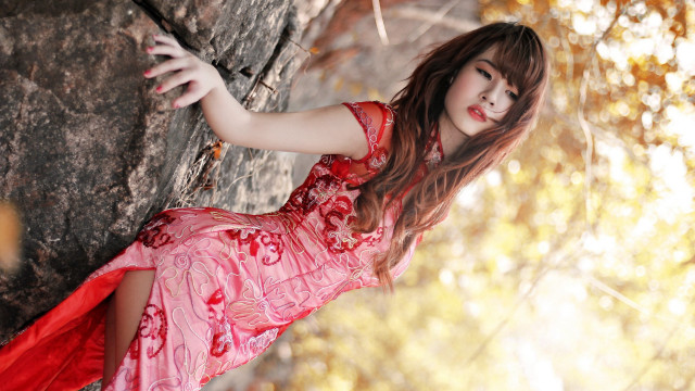 Woman red dress rock wall free wallpaper for desktop - medium preview image