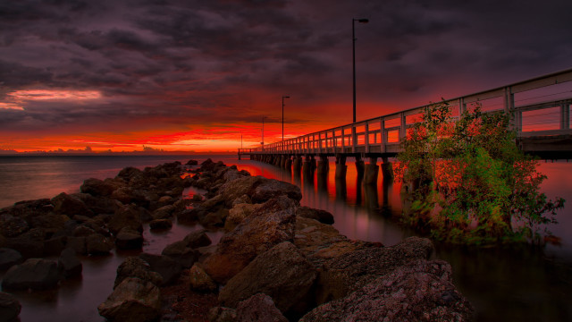 Wooden bridge sunset water rocks free wallpaper for desktop - medium preview image