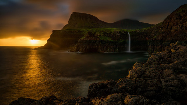 Waterfall mountain lake sunset reflection free wallpaper for desktop - medium preview image