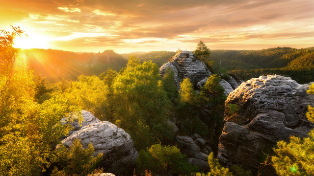 Mountain forest sunset fire ruins free wallpaper for desktop - medium preview image