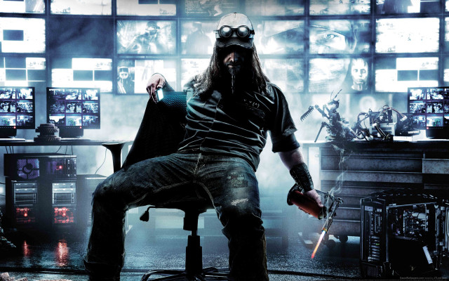 Man sitting television cyberpunk holography free wallpaper for desktop - medium preview image