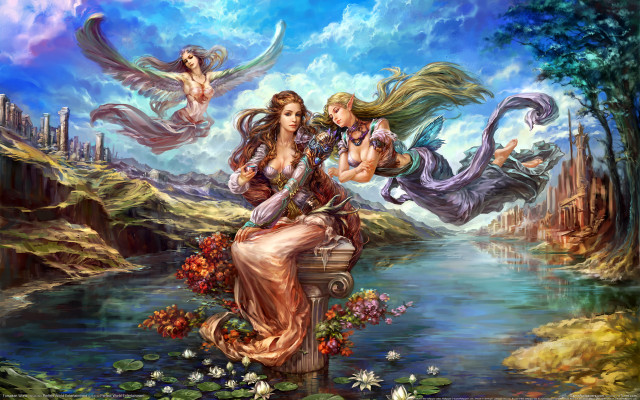 Three women river castle fantasy free wallpaper for desktop - medium preview image