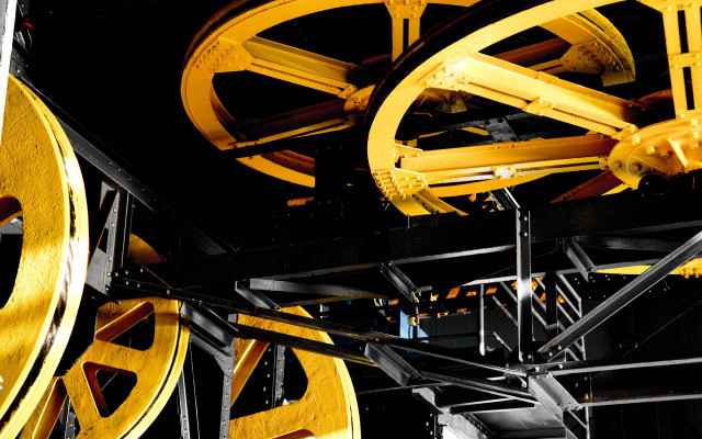 Clock yellow wheels mechanical puzzle free wallpaper for desktop - medium preview image