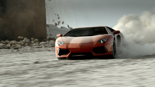 Red sports car smoke sandy free wallpaper for desktop - medium preview image