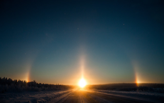 Sunshine snowy road trees lens free wallpaper for desktop - medium preview image