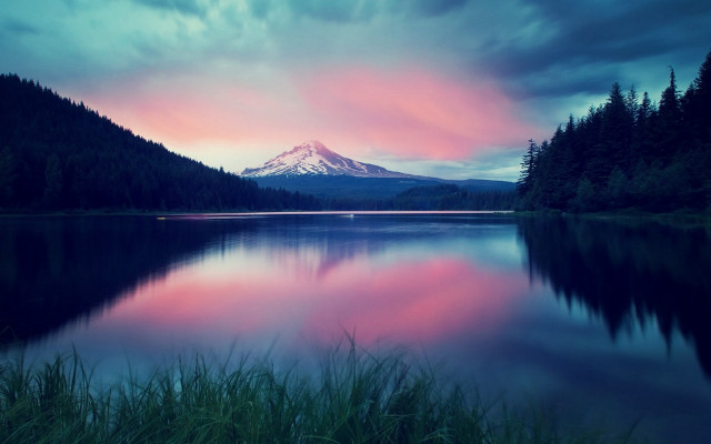 Mountain lake pink sky forest #2 free wallpaper for desktop - medium preview image