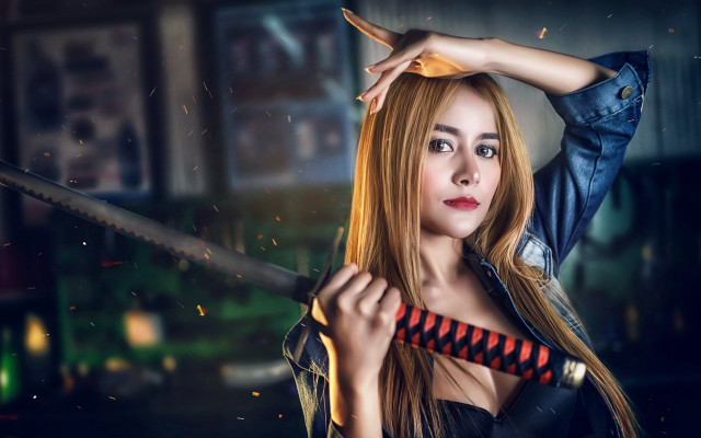 Woman knife fire cosplay artgerm free wallpaper for desktop - medium preview image