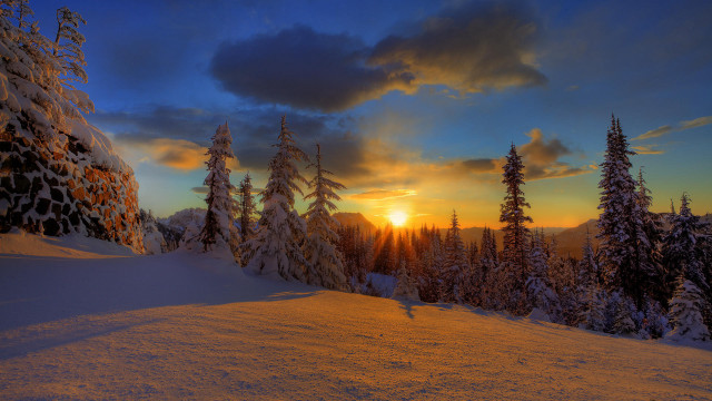 Sunset mountains snow trees walking free wallpaper for desktop - medium preview image