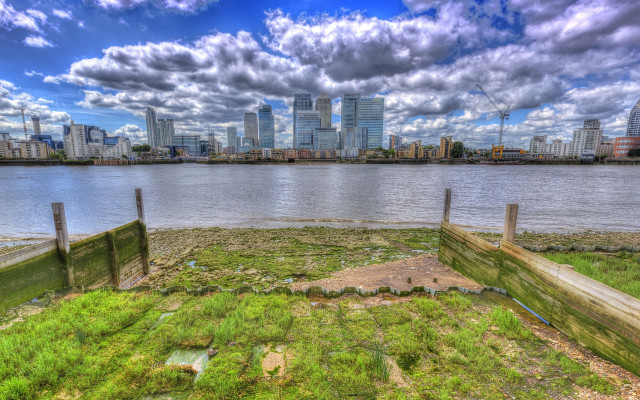 Cityscape bridge waterfront fence greenery free wallpaper for desktop - medium preview image