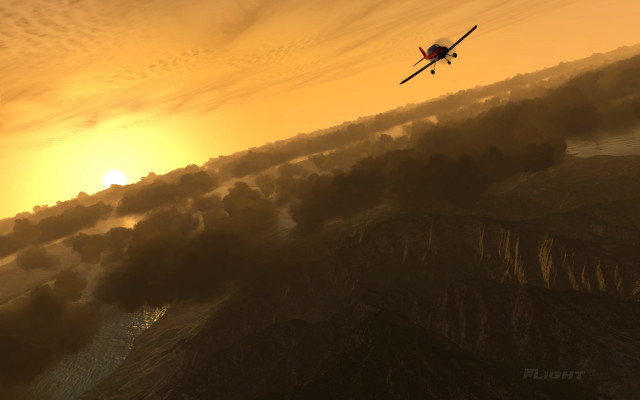 Plane mountain sunset clouds volumetric free wallpaper for desktop - medium preview image
