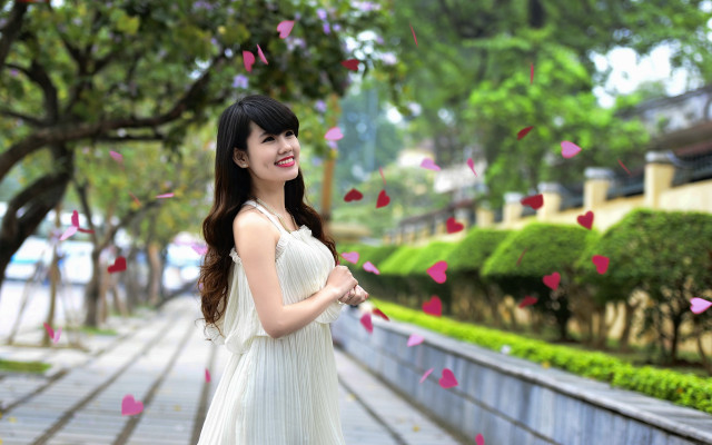 Woman white dress pink butterflies free wallpaper for desktop - medium preview image