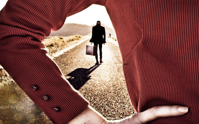 Man suitcase road stuckism surreal free wallpaper for desktop - medium preview image