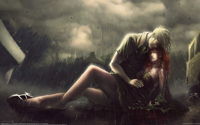 Man woman rain umbrella gothic free wallpaper for desktop - medium preview image