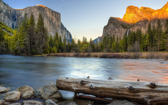 River logs mountains nature landscape free wallpaper for desktop - medium preview image
