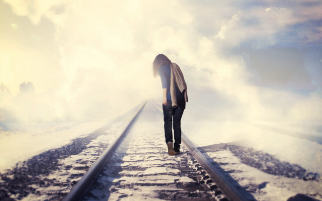 Person standing train track sky free wallpaper for desktop - medium preview image