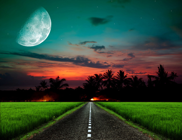 Full moon road mountains grass free wallpaper for desktop - medium preview image