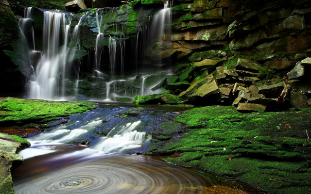 Waterfall mossy rock stream circular #2 free wallpaper for desktop - medium preview image