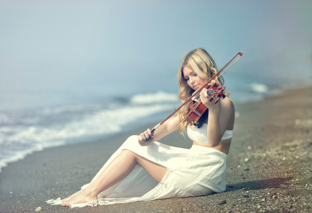 Woman beach violin blonde sand free wallpaper for desktop - medium preview image