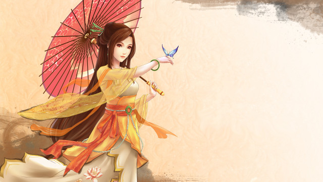 Yellow dress woman pink umbrella free wallpaper for desktop - medium preview image