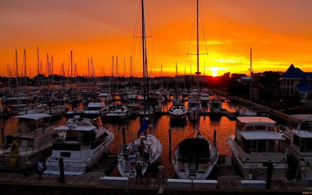Marina sunset boats cityscape bridge free wallpaper for desktop - medium preview image
