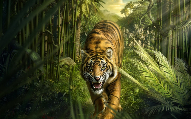 Tiger jungle palm trees detailed free wallpaper for desktop - medium preview image