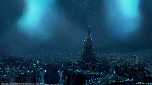 Futuristic city blue ocean waterfall free wallpaper for desktop - medium preview image