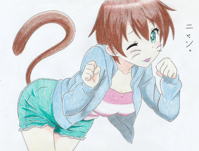 Girl cat tail head shoulder free wallpaper for desktop - medium preview image
