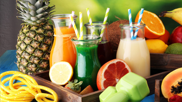 Fruit juices wooden containers table free wallpaper for desktop - medium preview image