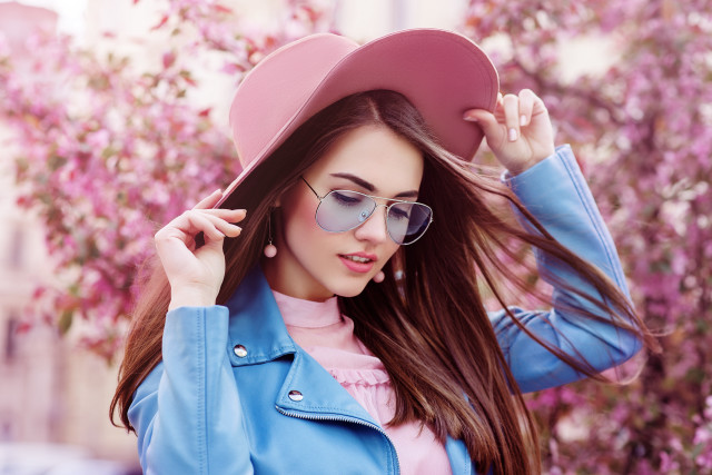 Pink hat sunglasses tree blossoms free wallpaper for desktop - medium preview image