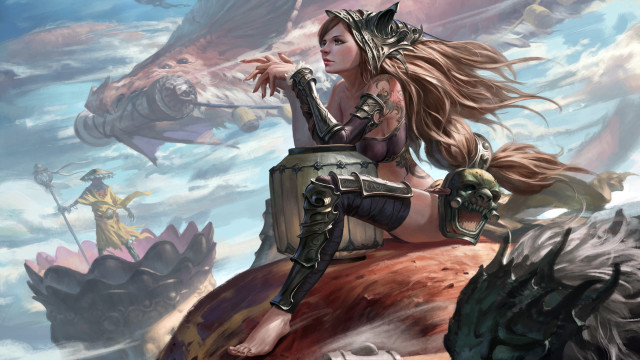 Woman dragon sky sword fantasy free wallpaper for desktop - medium preview image