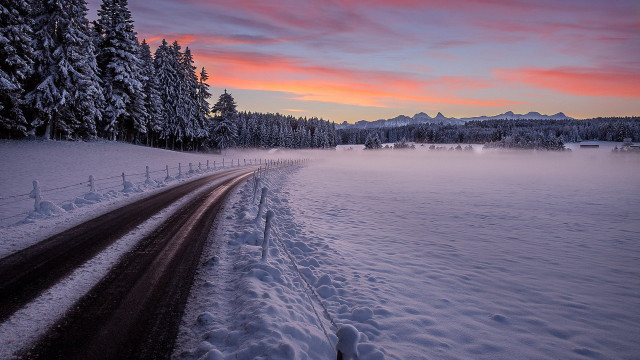 Snowy road mountains dusk reflection free wallpaper for desktop - medium preview image