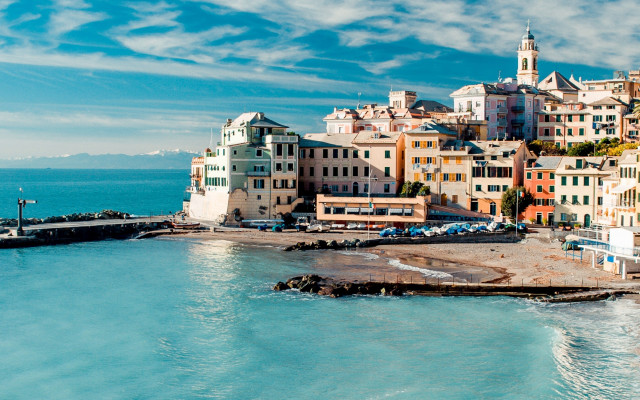 City shore pier buildings mountain free wallpaper for desktop - medium preview image