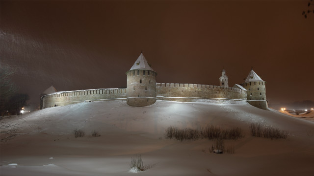 Castle snowy hill night lights free wallpaper for desktop - medium preview image
