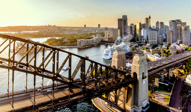 Bridge train city boat sunset free wallpaper for desktop - medium preview image