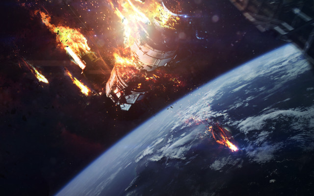 Space station rocket fireball planet free wallpaper for desktop - medium preview image