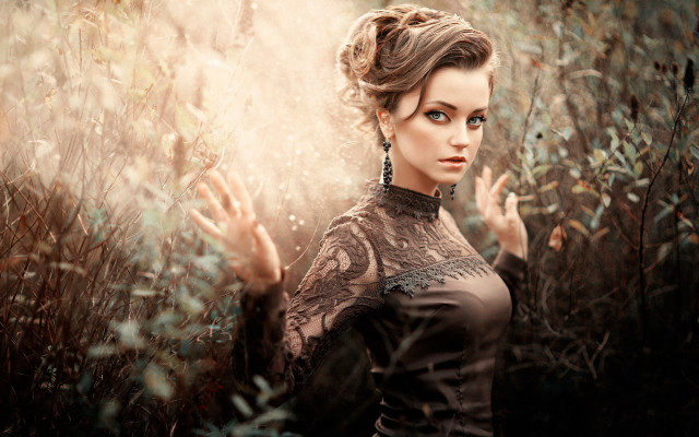 Woman black dress field flowers free wallpaper for desktop - medium preview image