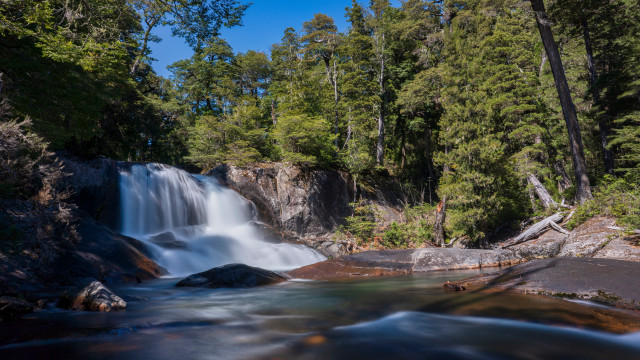 Waterfall river woods trees rocks free wallpaper for desktop - medium preview image