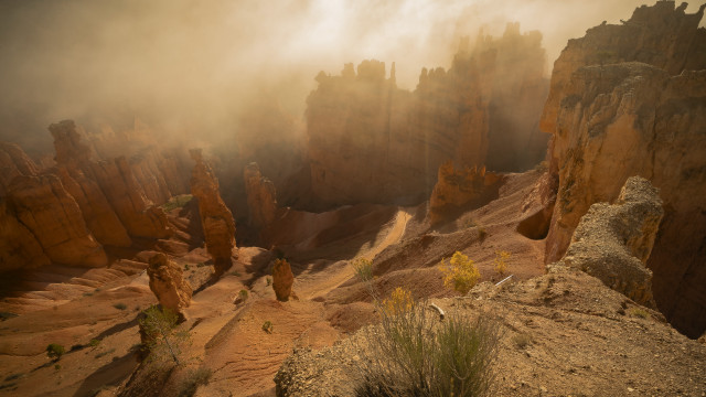 Rocky landscape foggy sky trees free wallpaper for desktop - medium preview image