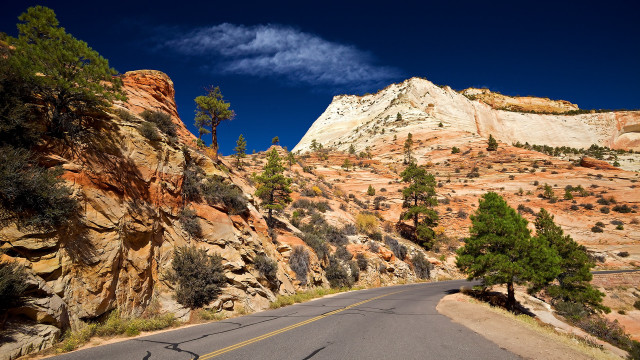 Mountain road trees sky landscape free wallpaper for desktop - medium preview image