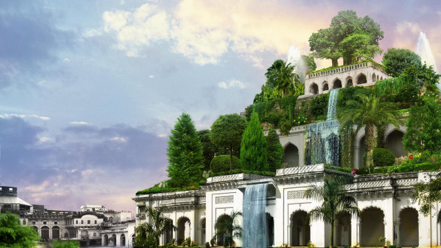 Large building fountain trees sky free wallpaper for desktop - medium preview image