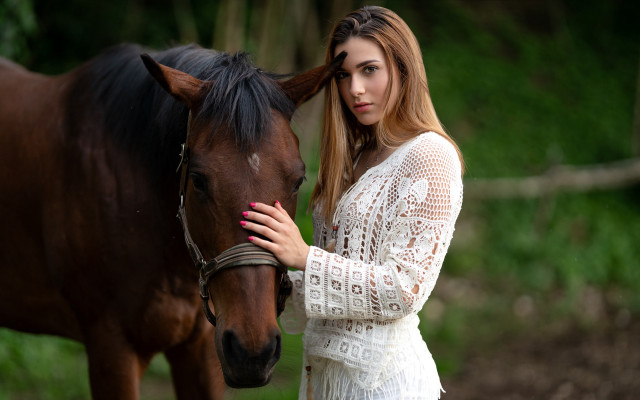 Woman horse field nature blonde free wallpaper for desktop - medium preview image