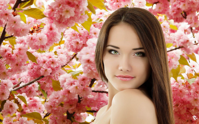 Woman long hair flowers portrait free wallpaper for desktop - medium preview image