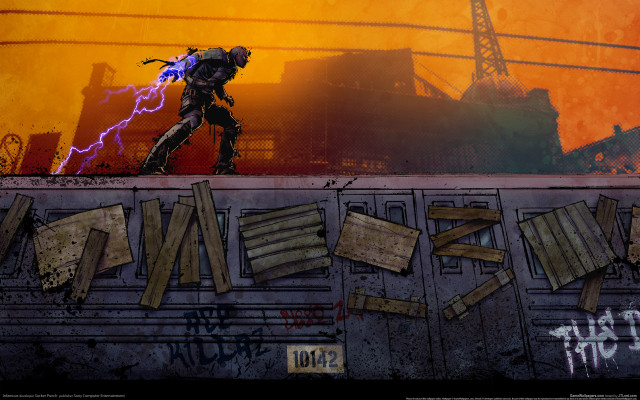 Robot ledge cityscape lightning graffiti free wallpaper for desktop - medium preview image