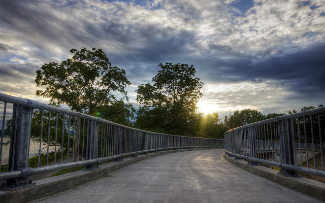 Bridge metal railing tree sunset free wallpaper for desktop - medium preview image