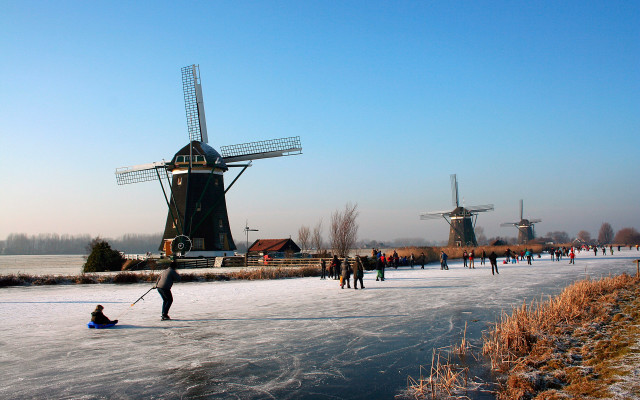Skating group winter lake windmills free wallpaper for desktop - medium preview image