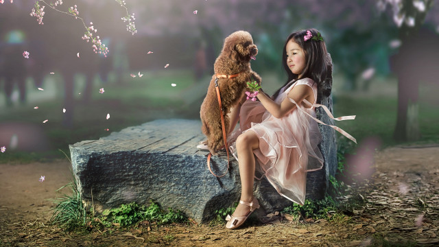 Girl dog park whimsical illustration free wallpaper for desktop - medium preview image