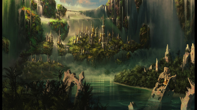 Fantasy landscape waterfall castle boat free wallpaper for desktop - medium preview image