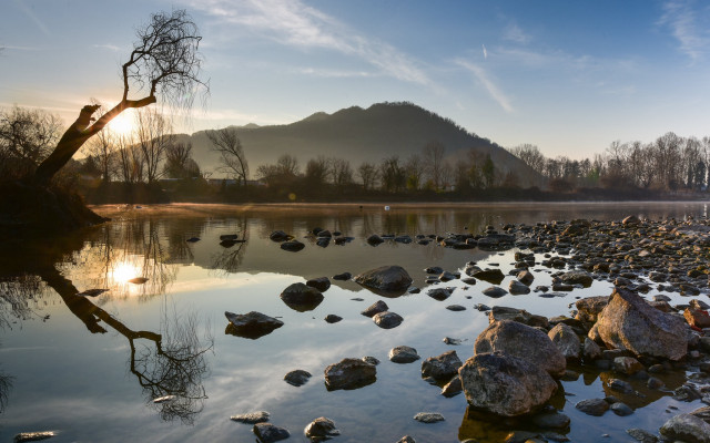 Lake rocks tree mountains sunset free wallpaper for desktop - medium preview image